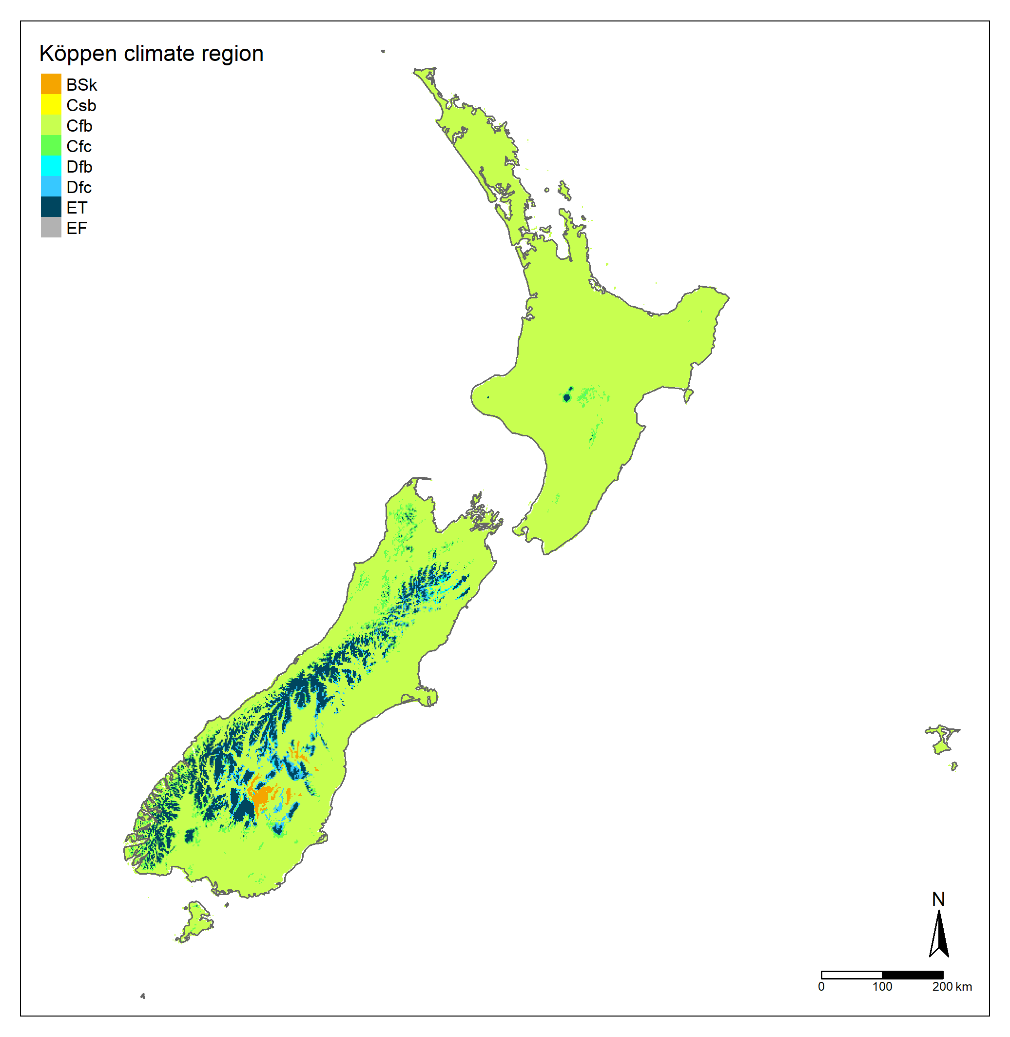 Köppen-Geiger climate regions for New Zealand under recent (1991–2020) conditions. Region definitions appearing on the map are as follows: Bsk: arid, steppe, cold; Csb: temperate, dry and warm summer; Cfb: temperate, no dry season, warm summer; Cfc: temperate, no dry season, cold summer; Dfb: cold, no dry season, warm summer; Dfc: cold, no dry season, cold summer; ET: polar, tundra; EF: polar, frost.
